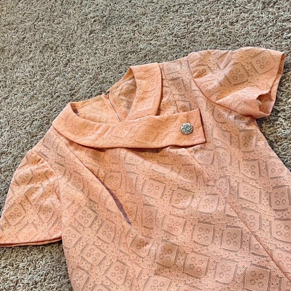 Vintage House of Shroyers Peach Lace A-Line Dress Rhinestone Button Sz 14.5 MCM